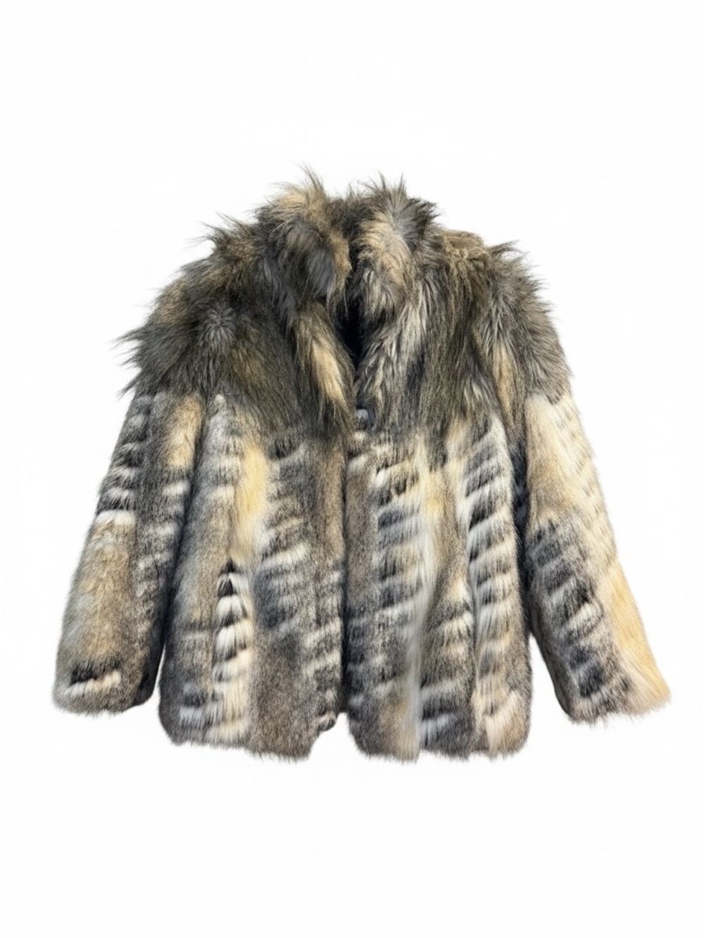 Topshop Gray Faux Fur Coat with Cream Accents